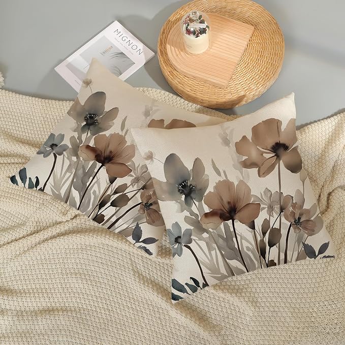 Spring Floral Pillow Covers 18x18 Inches Set of 2 Watercolor Brown Floral Throw Pillow Cover Outdoor Rustic Summer Flower Decor Pillowcase Farmhouse Decorative Linen Cushion Cover For Home Sofa