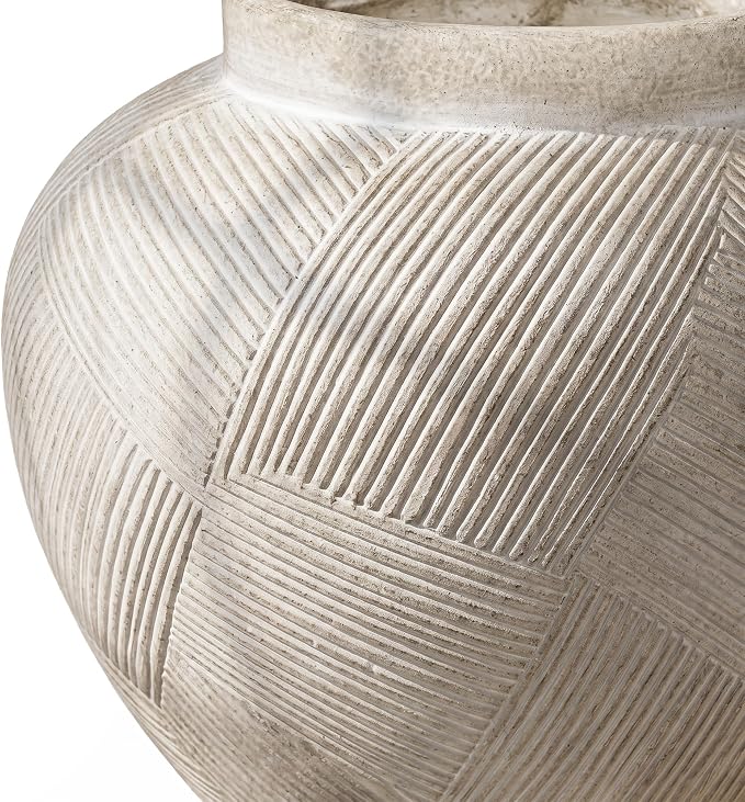 DREAMLOOM 9.3 Inch Flat Ceramic Flower Vase, Cream Grey | Textured, Farmhouse Vintage, Pottery Terracotta, Home Decor, Living Room Dining Table Wedding Centerpieces