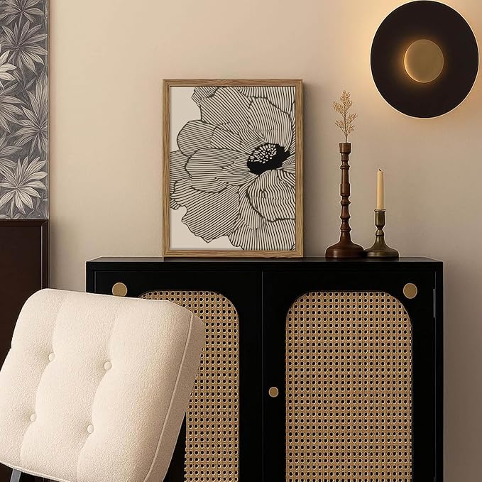 Framed Abstract Floral Wall Art, Neutral Line Flower Canvas Wall Decor Painting, Modern Minimalist Botanical Poster Print Picture for Living Room Bedroom Bathroom 12x16 Inch