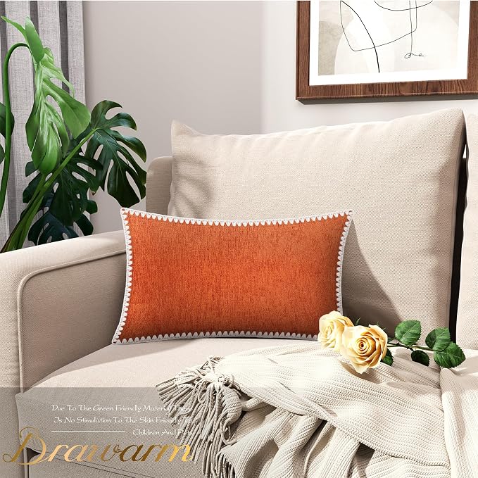 BRAWARM Chenille Throw Pillow Covers 12x20 Inches, Burnt Orange, 2 Pack | Decorative Pillow Covers with Shell Edge, Soft Cushion Cases for Sofa Bed Living Room Home Farmhouse (No Insert)