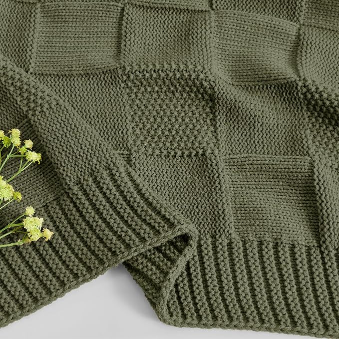CozeCube Olive Green Knitted Checkered Throw Blanket 50"X60" | Check Knit Throw for Couch, Decorative Christmas Soft Cozy Warm Blanket for Bed Sofa Living Room