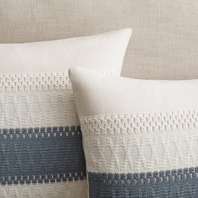 2 Pack Boho Throw Pillow Covers, Contrast Grey Navy 20x20in | Soft Breathable Cotton, Farmhouse Decorative Couch Pillow Cases, Cushion Covers for Sofa Bed Living Room Home Decor