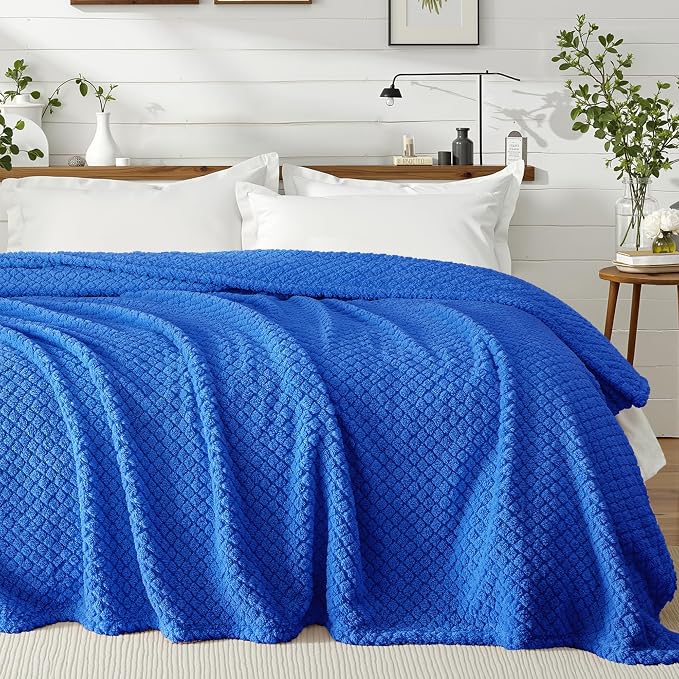 Exclusivo Mezcla Soft Fleece Twin Size Blanket for Bed, Cobalt Blue | Jacquard Lightweight Cozy Bed Blanket, Breathable Decorative Fuzzy Textured All Season Use, 60x80 Inches