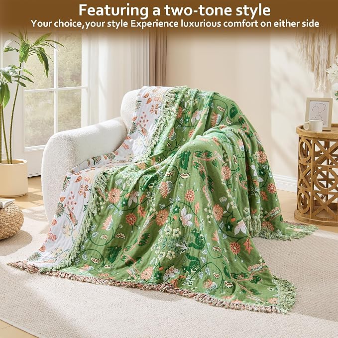 VANJOROY Boho Throw Blanket, 100% Organic Cotton Breathable Ultra Soft 91" x 108" King Bed Quilt Throw - All Season Floral Rustic Farmhouse Decor Luxury Blanket for Sofa Couch Chair and Gift