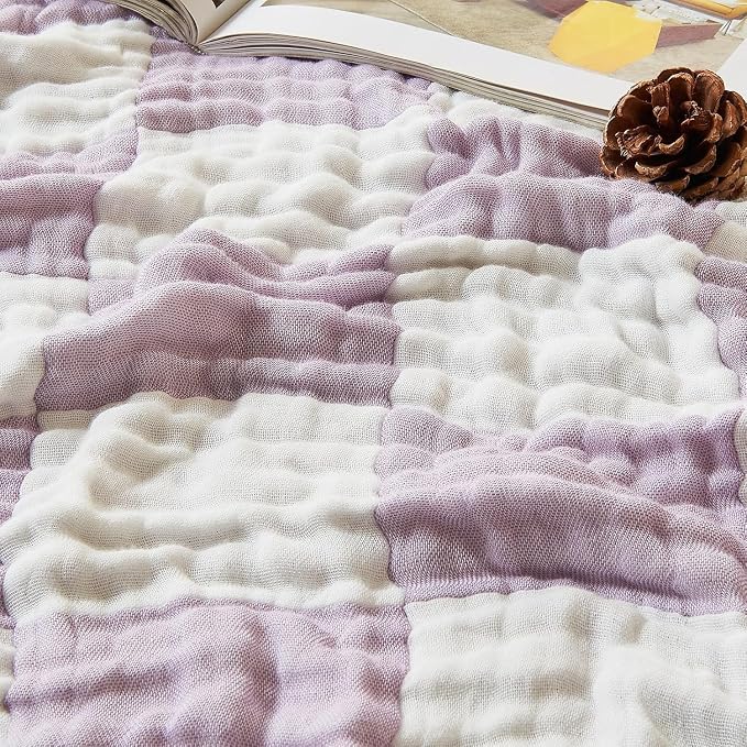 EMME Cooling Muslin Twin Blanket - Checkered Lightweight Summer Cotton Blankets of Rayon Derived from Bamboo for Hot Sleepers, Ultra Soft Breathable All Season Gauze