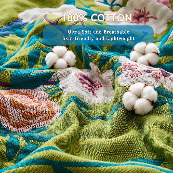 Boho Throw Blanket Farmhouse Decor Throw Blanket Bohemian Blanket for Bed 100% Cotton Muslin Woven Couch Blanket All Seasons Quilt Bedroom (I-Green, 50"x60")
