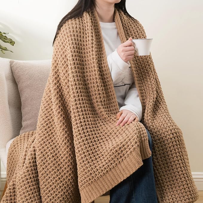 Beige Throw Blanket for Couch, Tan Waffle Knitted Throw Blankets 50"x60" | Farmhouse Throw Blanket for Home Decor, Neutral Knitted Beige Blanket, Decorative Soft Chunky Chenille Throw for Bed Sofa