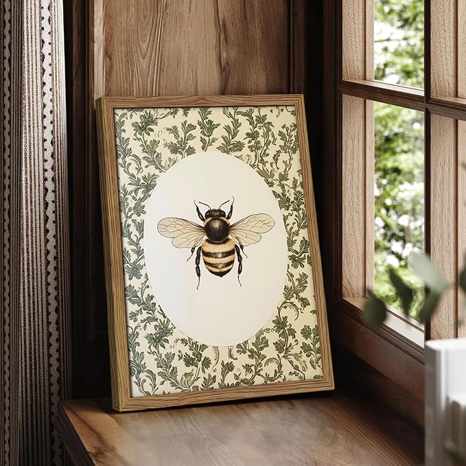 Framed Vintage Bee Wall Art, Cottagecore Floral Botanical Decor, Rustic Garden Insect Pictures Poster, Oval Bumblebee Canvas Print Wall Decor for Bedroom Living Room 16x24 inch
