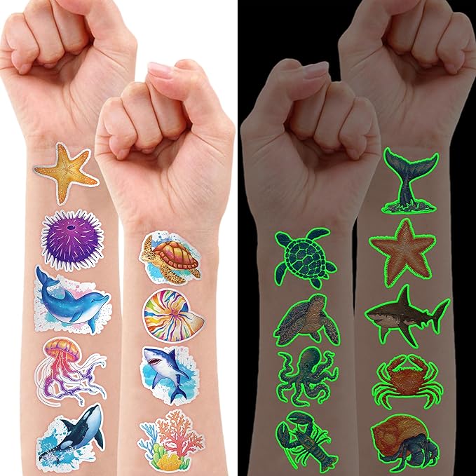 96 PCS Ocean Sea Animal Shark Whale Fish Pre-Cut Luminous Glow in the dark Temporary Tattoos for Kids | Super Cute Themed Birthday Party Favors Supplies Decorations, Fake Tattoos Gifts for Boys Girls