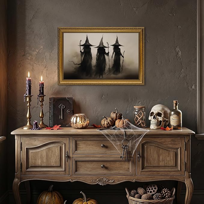 JLTULT Three Witches Halloween Wall Art, Gothic Framed Canvas, 16 x 24 in | Dark three-witch scene on fade-resistant canvas with an ornate ready-to-hang PS frame for entryways and Halloween displays