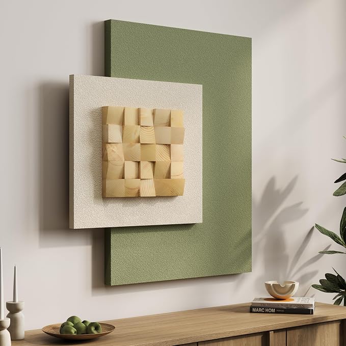 Cuspin Large 3D Wood Green Wall Art for Living Room, Modern Minimalist Sage Green Textured Wall Decor, Abstract Geometric Natural Wooden Block Artwork for Bedroom Dining Room Hallway Home Office