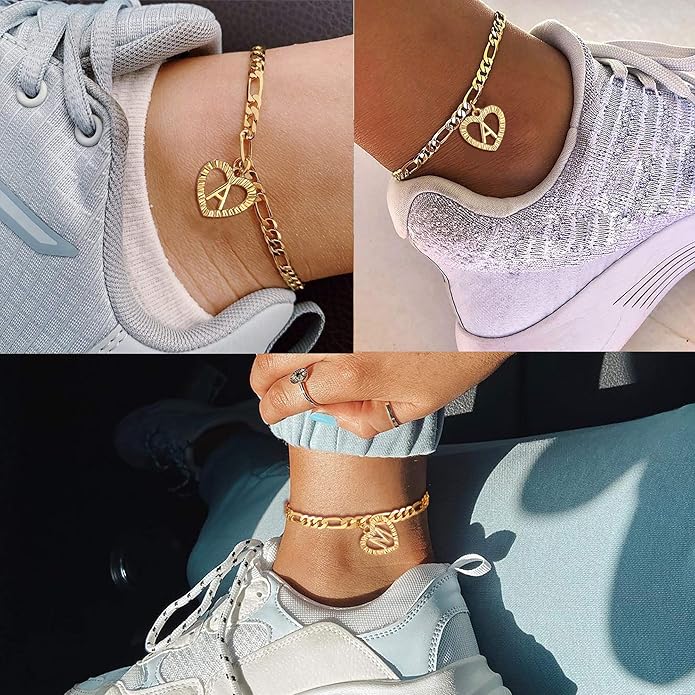 YANODA Gold Initial Pendant Necklace Anklet Bracelet for Women 14K Gold Plated Figaro Chain Letter Initial Heart Necklace Anklets Alphabet Foot Jewelry Personalized Jewelry for Women