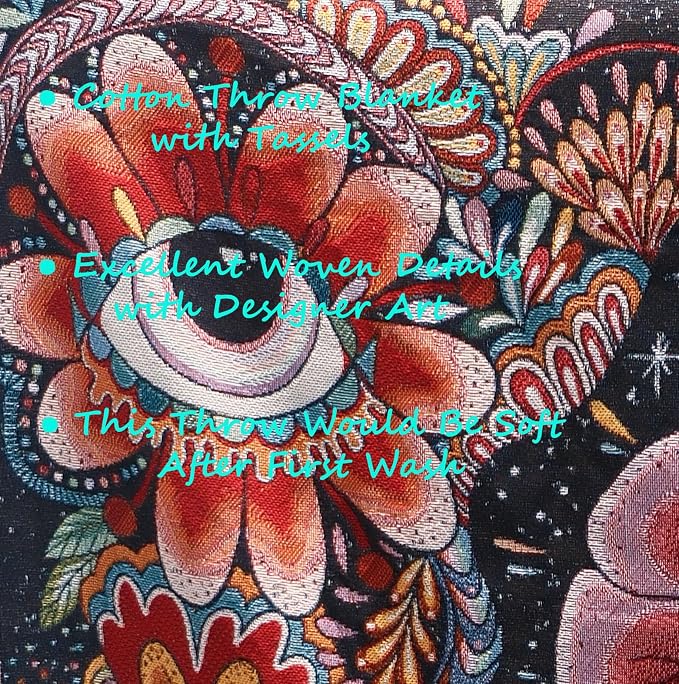 Hippie Flower Cotton Woven Boho Throw Blanket for Couch Bed Chair Lounge Hippie Room Decor Reversible Whimsical Throw Blanket Witchy Room Decor Throws Bed Spread Outdoor Camping Blankets 51x59 Inches