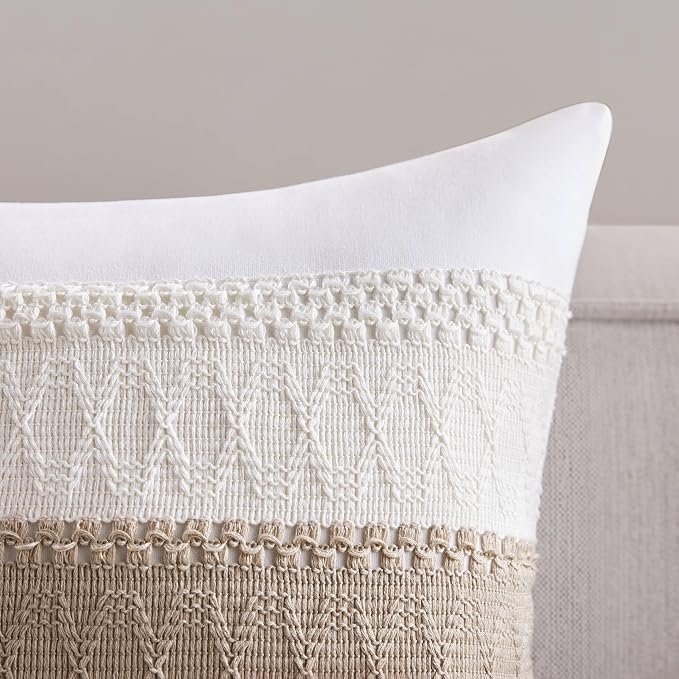 2pk Boho Pillow Covers 12x20, Natural White/Contrast/Taupe | 100% Organic Cotton Body, Stripe Embroidery, Farmhouse Decorative Cushion Covers for Sofa Bed Living Room Home Decor