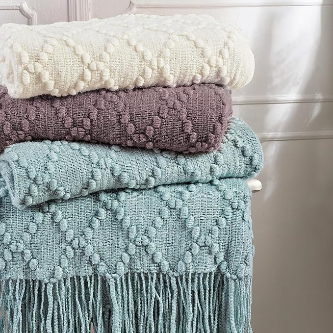 BOURINA Lavender Throw Blanket 50 x70 Inch Jacquard Throw Knitted Blanket | Jacquard Argyle Throw Textured Solid Soft Throws and Blankets for Sofa or Bed Knitted Decorative Blanket