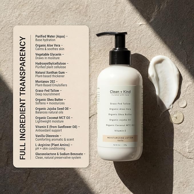 Daily Moisturizing Lotion – Tallow Body Lotion with Aloe Vera, Shea Butter, Jojoba Oil, MCT Oil & Vitamin E – Deep Hydration for Dry, Rough, Sensitive Skin (16 oz, Vanilla)