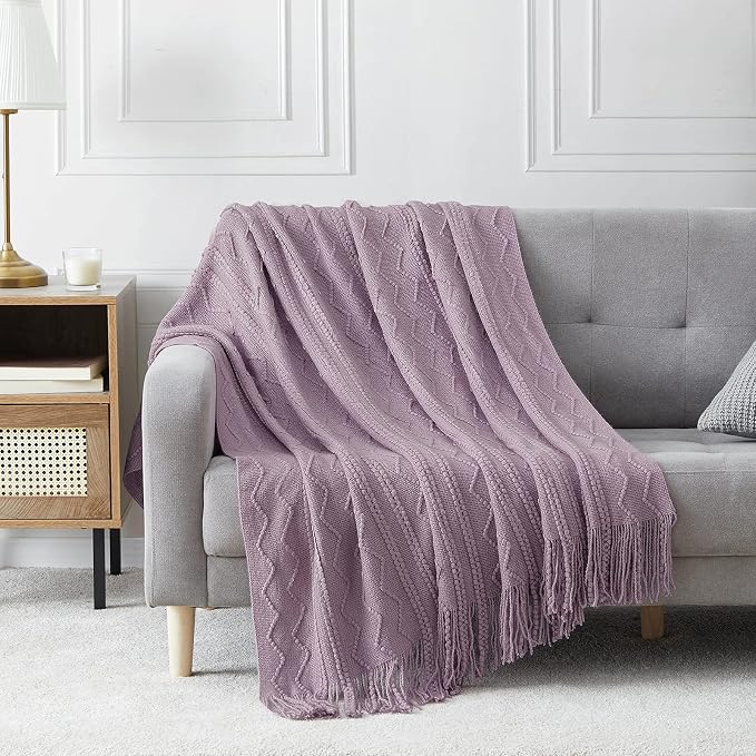 BOURINA Light Lavender Throw Blanket 50x60Inch Knit Soft Throw Sofa Blanket | Knitted Throw Blanket 50x60 Inches, Soft Lightweight Boho Weave Throw Decorative Couch Blanket for Living Room Bedroom Chair