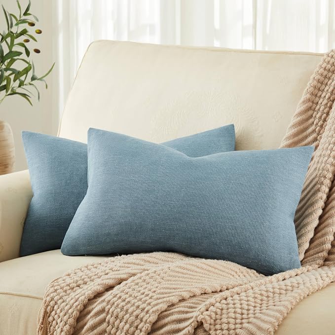 Rustic Linen Lumbar Pillow Covers Set of 2, River Blue 12x20in | Textured Pillow Case, Rustic Cotton Linen Fabric, Modern Farmhouse Cushion Covers for Sofa Bed Living Room Home Decor