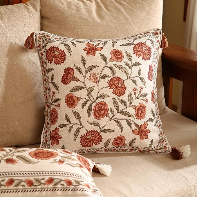 Vintage Elegant Linen Square Throw Pillow Cover,18"x18"-Albano A | Designer French Pillow Cover,Concealed Zipper Design,Orange Floral Pattern,Sofa,Bedroom,Living Room,Lounge Chairs