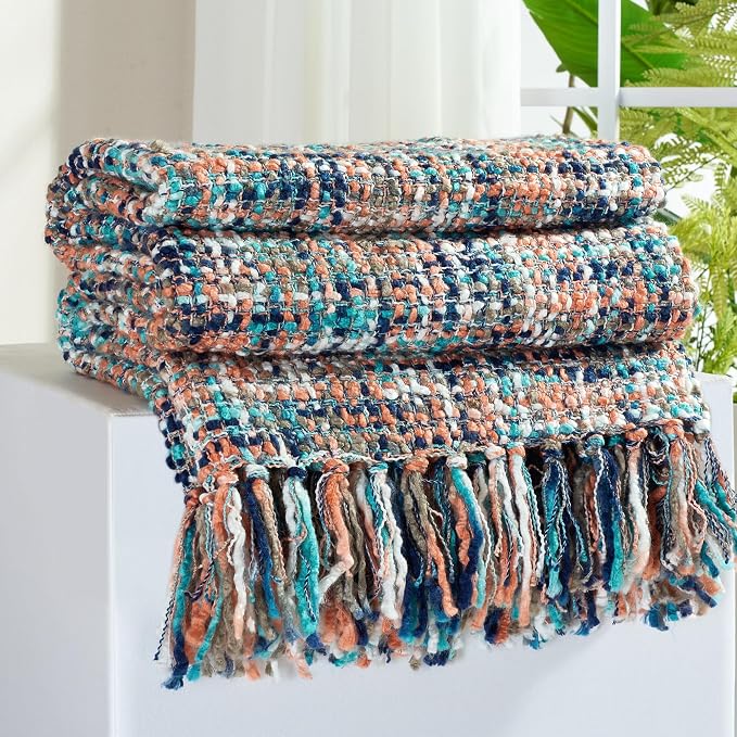 Multi-Color Cable Woven Throw Blanket for Couch - 50"X60" | Multicolored Boho Style,Super Soft Warm Cozy Chunky Blankets with Decorative Tassels for Bed and Sofa,Pink