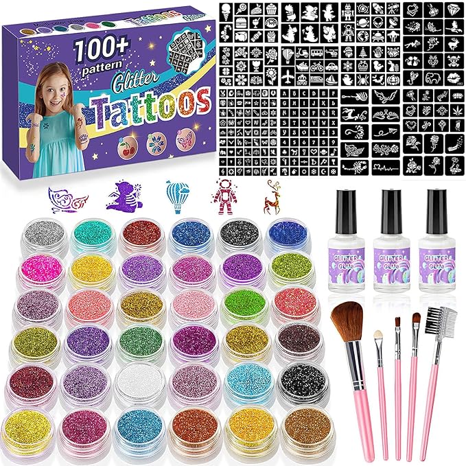 Temporary Glitter Tattoos Kit for Kids,36 Glitter Colors,222 Stencils,3 Glue,5 Brushes,Adults and Kids Arts Glitter Kit, Gifts for Girls & Boys Birthday Party Christmas Day.
