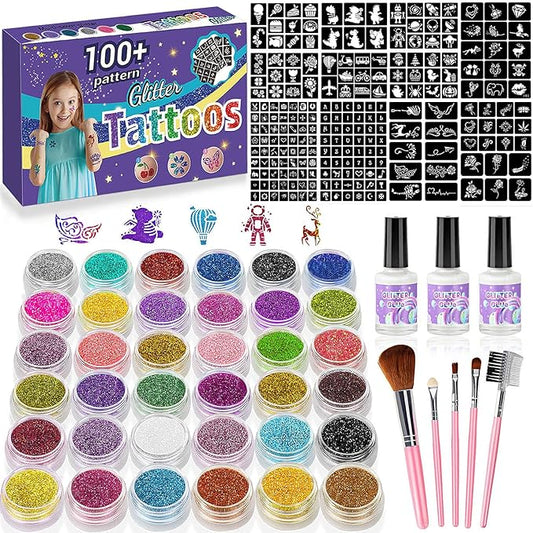 Temporary Glitter Tattoos Kit for Kids,36 Glitter Colors,222 Stencils,3 Glue,5 Brushes,Adults and Kids Arts Glitter Kit, Gifts for Girls & Boys Birthday Party Christmas Day.