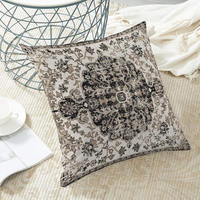 AEIOAE Boho Pillow Covers 24x24 Inch Set of 2,Carpet Pattern Throw Pillows Case,Black White Grey Ethnic Design Outdoor Decorative Square Linen Farmhouse Decor Cushion Covers for Home Sofa Bed Couch
