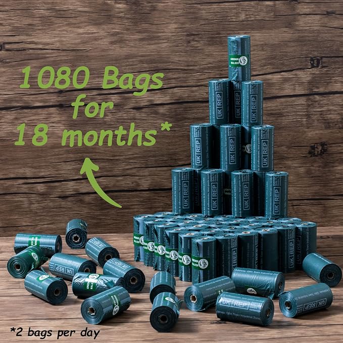 GREENER WALKER Poop Bags for Dog Waste, 1080 Doggy Waste Bags Extra Thick Strong 100% Leak-Proof (Deep Green)