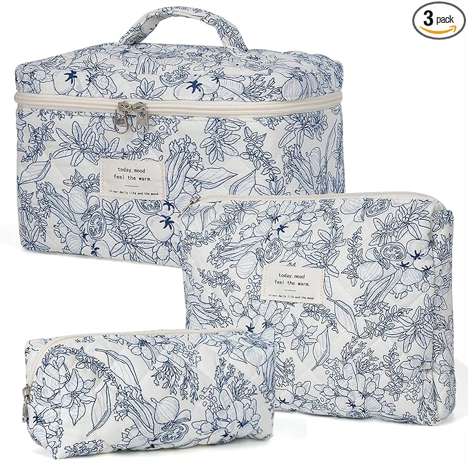 honitty Makeup Bag,Quilted Cosmetic Bags,Large Floral Make Up Organize bag,Makeup Bag Set for Women,Flower Travel Toiletry Bag