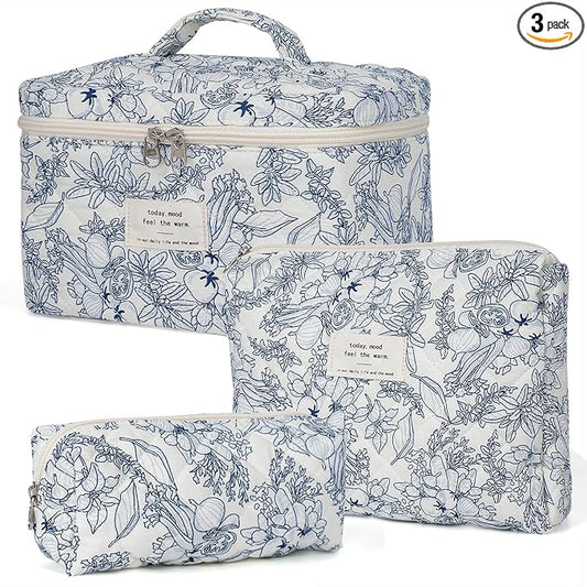 honitty Makeup Bag,Quilted Cosmetic Bags,Large Floral Make Up Organize bag,Makeup Bag Set for Women,Flower Travel Toiletry Bag