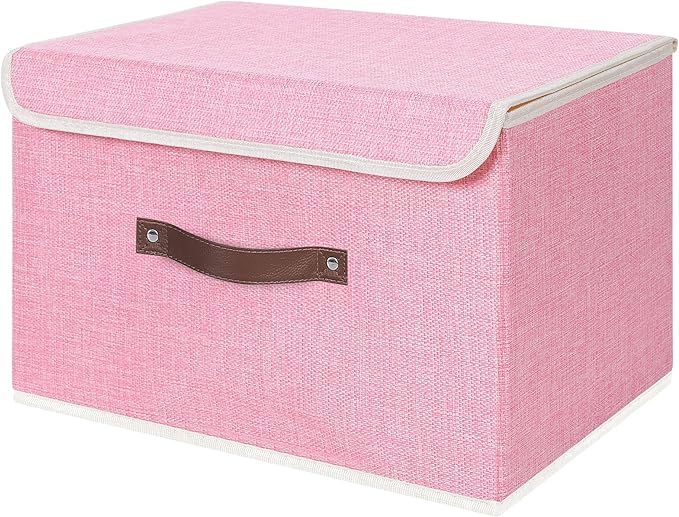 ANMINY Fabric Storage Box Bins with Lids, Pink, 15"x10"x10" | Keepsake Memory Storage, Cotton Linen, PP Board Reinforced, Washable, PU Handles, Foldable & Stackable, Decorative, Large