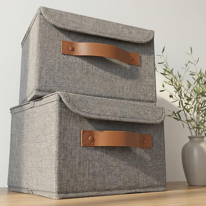 Decorative Linen Storage Boxes with Lids - Spacious Set of 2 Organizer Bins | The Perfect Small Container for Home Decor - Safely Store Photos, Documents and Memory Box Keepsakes in Style