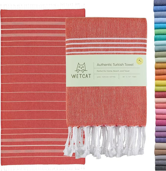 WETCAT Turkish Beach Towel Oversized (38"x71") 100% Turkish Cotton, Made in Turkey - Sand Free, Extra Large, Ultra Soft, Quick Drying, Compact & Lightweight for Travel - Red