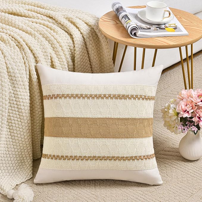 Fancy Homi Set of 2 Tan Neutral Decorative Throw Pillow Cover 20x20 Inch for Couch Bed Sofa, Aesthetic Modern Organic Farmhouse Boho Home Decor, Soft Cotton Cute Accent Macrame Woven Cushion Case