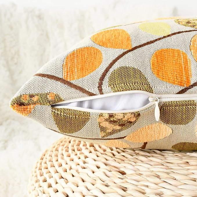 CaliTime Decorative Throw Pillow Covers 18 X 18 Inches Ecru Orange | Luxury Chenille Cute Leaves Cushion Case Shell for Couch Sofa Bed Living Room Home