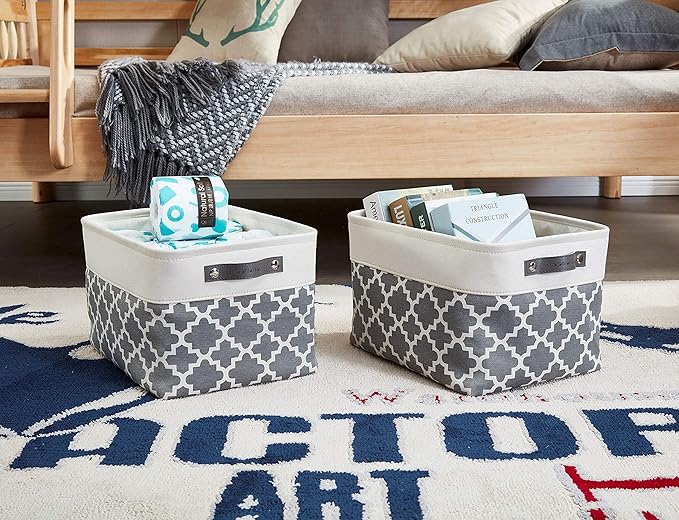 DECOMOMO Storage Bins, Large Fabric Storage Baskets for Shelves 3 Pack | 15 x 11 x 9.5 inches Decorative Linen Closet Organizers with Handles(Grey Patterns)
