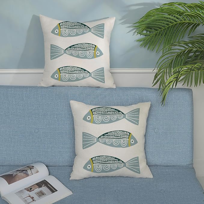 Coastal Pillow Covers 16x16 Inch Set of 2 Ocean Beach Blue Fish Throw Pillows Summer Natical Outdoor Decorative Pillow Cases Linen Farmhouse Cushion Cover for Couch Home Sofa Bedroom Decor