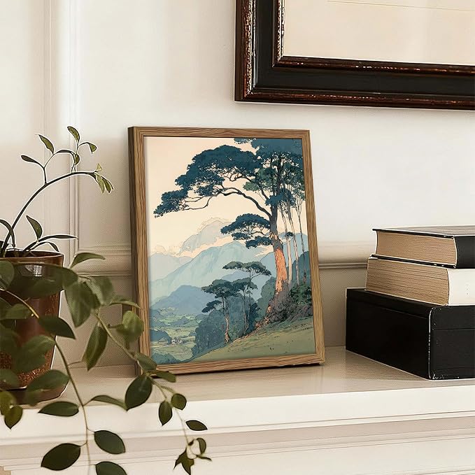 Vintage Japanese Forest Framed Canvas Wall Art – Tranquil Mountain Landscape Painting Print, Retro Nature Tree Scene Decor for Living Room Bedroom Nursery Office Home 8x10 inch