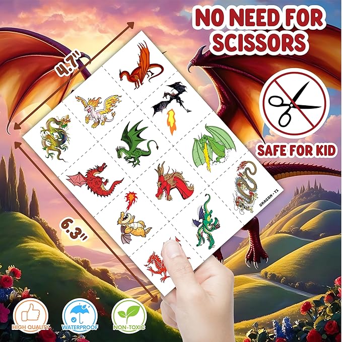 96PCS Dragon Pre-cut Temporary Tattoos Birthday Party Supplies Favors Decorations Knight Dragon Super Cute Fake Tattoos Stickers for Kids Boys Girls School Classroom Rewards Gifts Ideal Halloween