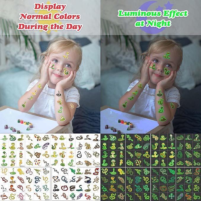 96 PCS Snake Luminous Neon Temporary Tattoos – Glow in the Dark Snake Tattoo Stickers Birthday Party Decorations, Supplies & Favors for Halloween, Parties, Cosplay, Costume Events (Glow in the dark)