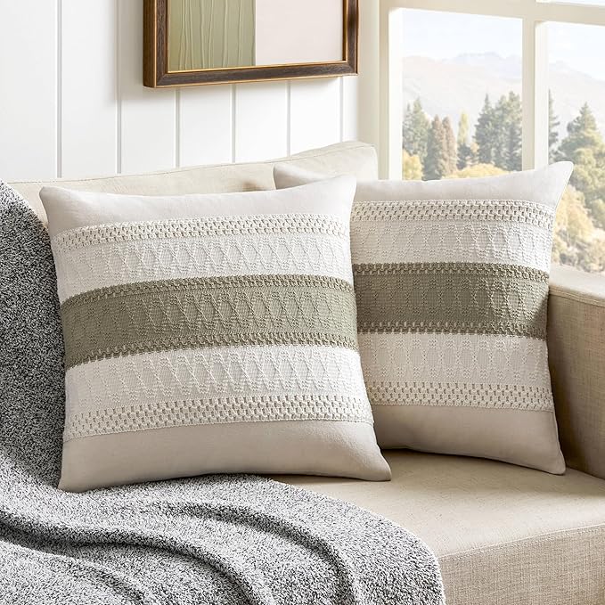 2 Pack Boho Throw Pillow Covers, Contrast Dark Sage 20x20in | Soft Breathable Cotton, Farmhouse Decorative Couch Pillow Cases, Cushion Covers for Sofa Bed Living Room Home Decor