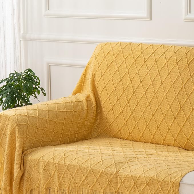 BATTILO HOME Yellow Throw Blanket with Fringe, Gold Bed Throws Spring Decorative Large Throw for Couch Sofa Indoor Outdoor (Yellow, 52"x80")