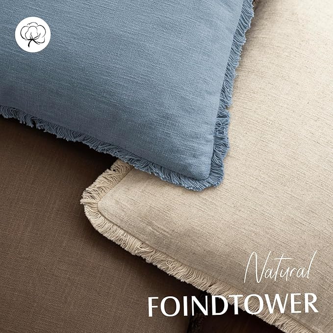 Foindtower Set of 2 Decorative Linen Fringe Throw Pillow Covers Cozy Boho Farmhouse Cushion Cover with Tassels Soft Accent Pillowcase for Couch Sofa Bed Living Room Home Decor, 24×24 Inch, Misty Blue
