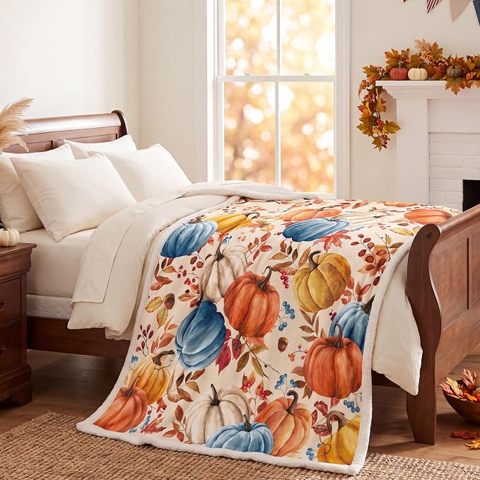 Fall Pumpkins Throw Blanket, Autumn Orange White Blue Pumpkins Leaves and Berries Soft Warm Fleece Blanket for Living Room Couch Bed Chair or Dorm, 50"x60"