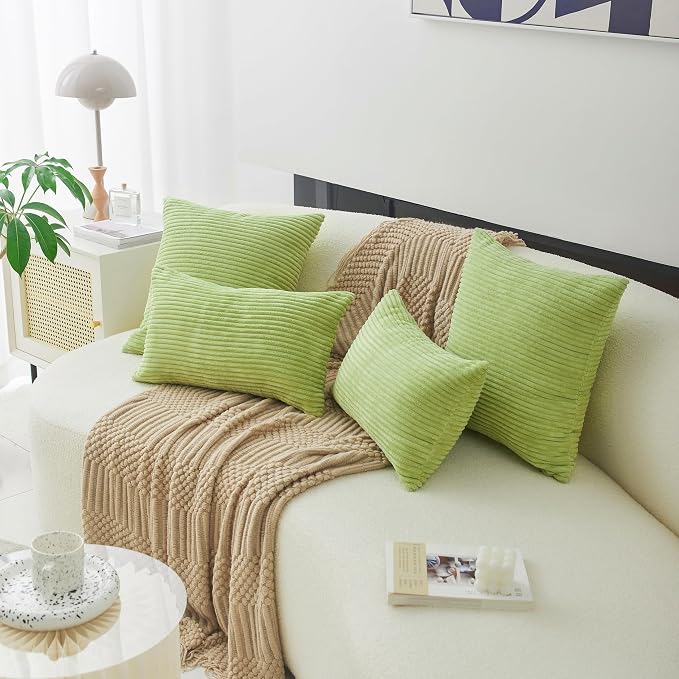 Home Brilliant Summer Pillow Cover 18x18 Striped Velvet Throw Pillow Cover for Chair Couch Decorative Pillowcase Sage Home Decor, Apple Green, 18x18 Inches (45cm)