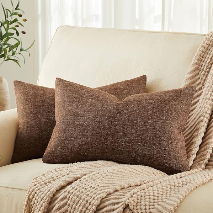 Rustic Linen Lumbar Pillow Covers Set of 2, Brown 12x20in | Textured Pillow Case, Rustic Cotton Linen Fabric, Modern Farmhouse Cushion Covers for Sofa Bed Living Room Home Decor