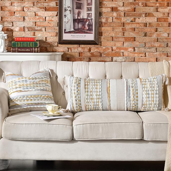 Chenille Striped Textured Boho Throw Pillow Covers Aesthetic with Tassels Woven Decorative Pillow Case for Couch Bed Sofa Bedroom Modern Funky 18 x 18-Inch Grey