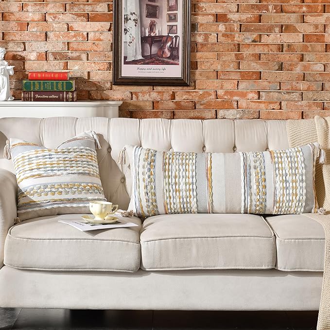 Chenille Striped Textured Boho Throw Pillow Covers Aesthetic with Tassels Woven Decorative Pillow Case for Couch Bed Sofa Bedroom Modern Funky 14 x 36-Inch Grey