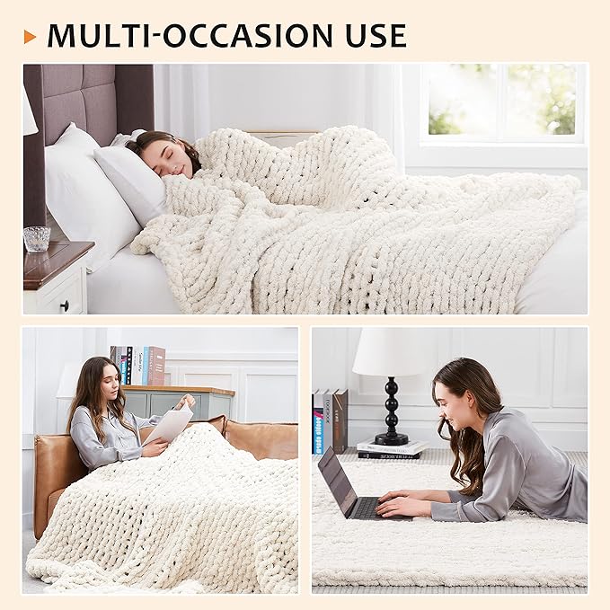 L'AGRATY Chunky Knit Throw Blanket for Couch, 60'' x 80'' Knit Throw, Ivory | Handmade Chenille Crochet Blanket for Sofa Bed, Thick Cable Knitted Blankets for Room Home Decor, Birthday Gift for Women Mom