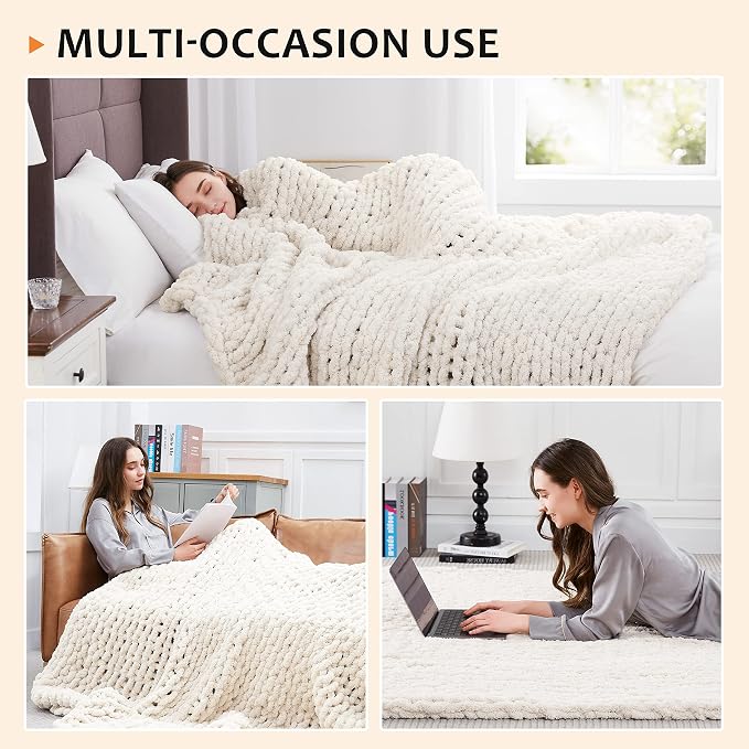 L'AGRATY Chunky Knit Throw Blanket for Couch, 72'' x 84'' Knit Throw, Ivory | Handmade Chenille Crochet Blanket for Sofa Bed, Thick Cable Knitted Blankets for Room Home Decor, Birthday Gift for Women Mom